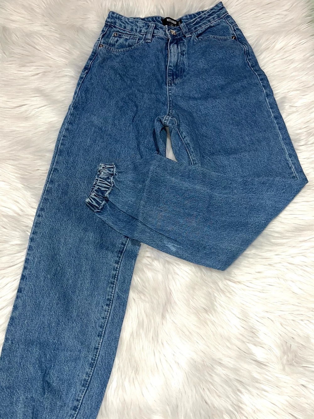 Missguided Blue High-Waist Boyfriend Jeans with Elastic Ankles